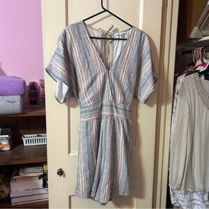 American Eagle Outfitters Striped V-Neck Romper in Blue and Cream